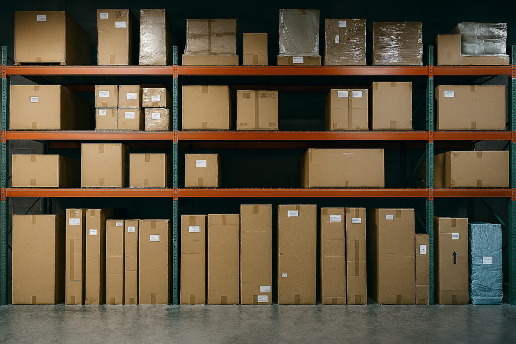 Rack storage and palletized inventory inside the Bonita Springs warehouse